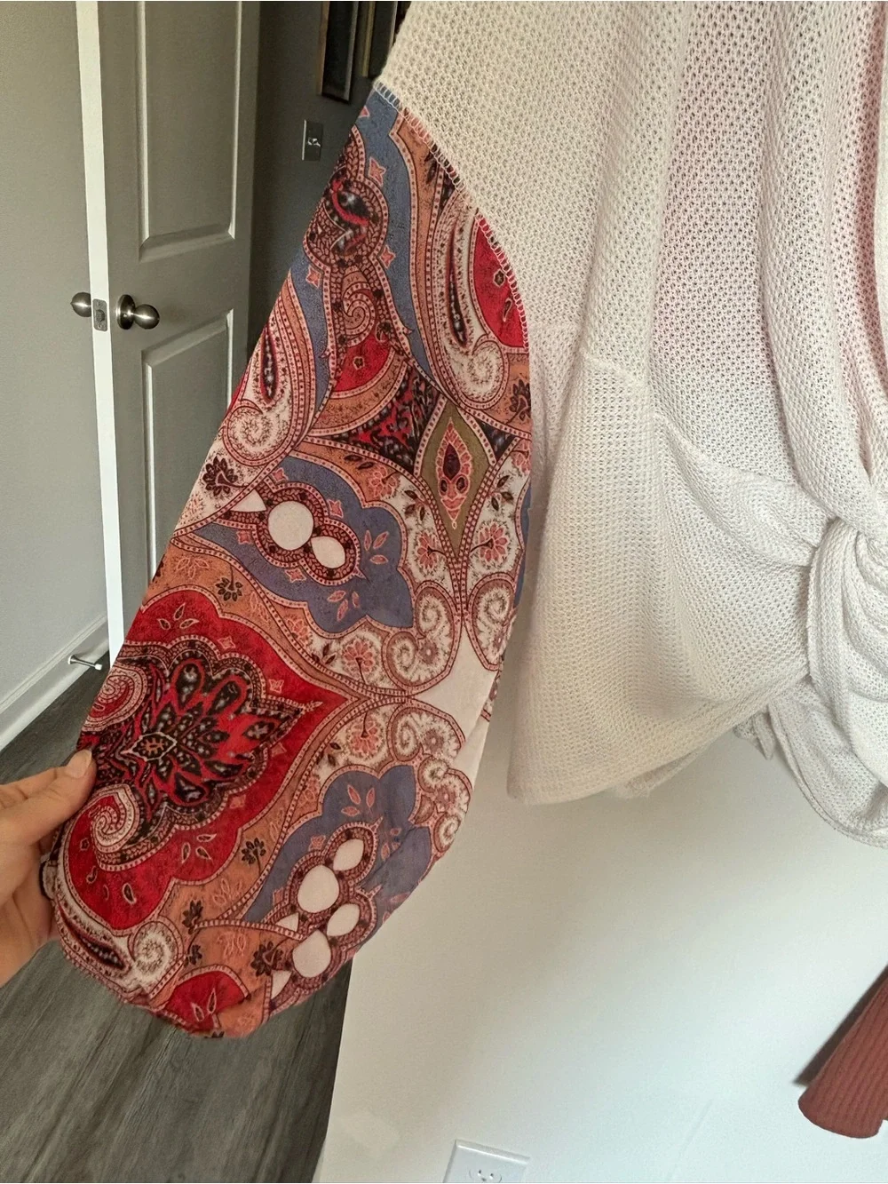 Boutique White Knit Top with Red Paisley Sleeves, Strappy bra, matching pant set